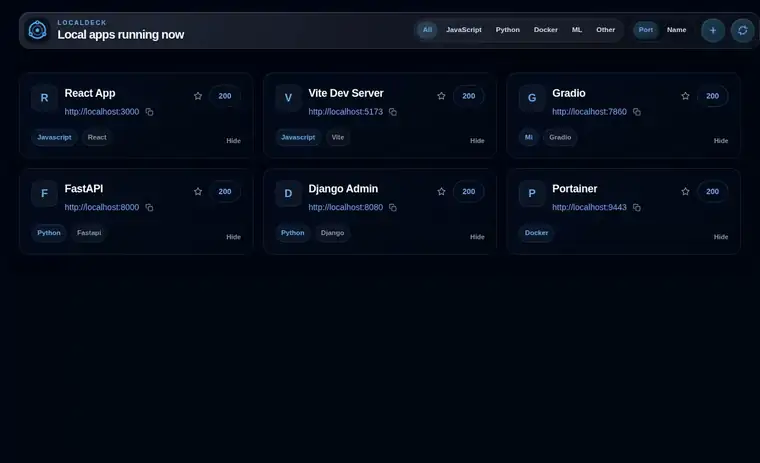 Localdeck dashboard discovering and monitoring local web services